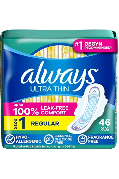 Always Ultra Thin Feminine Pads for Women, Size 1, Regular Absorbency, with W...