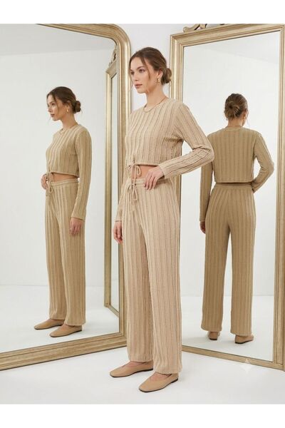 wishne Women's Crop Top and Spanish Flare Pants Two-Piece Set - Beige Modern Set