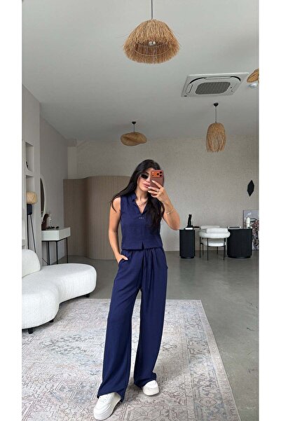 Buket Teke Lacivert Gümüş Aksesuarlı Pantolon Bluz Takım