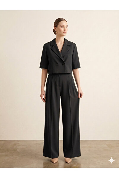 Salvi Women's Summer Woven Polyviscon Short Sleeve Jacket and Palazzo Pants T...