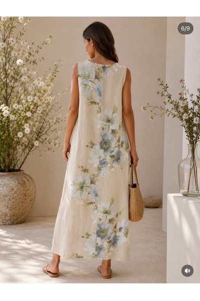 yusracollectionn Italian Linen Floral Patterned Loose Maxi Dress