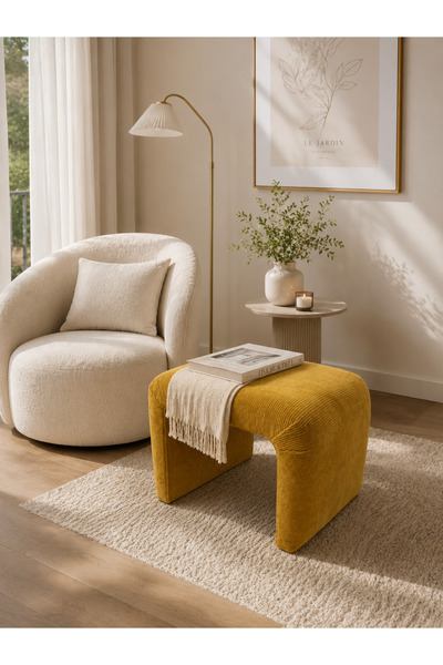 Öztürk Mobilya Design Modern U Fitilli Kumaş Puf, Hardal - Sarı