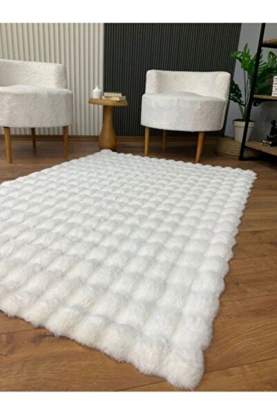 Gülsev Home Beyaz Yumuşak Bubble Kaymaz Özel Taban Peluş Halı Yolluk