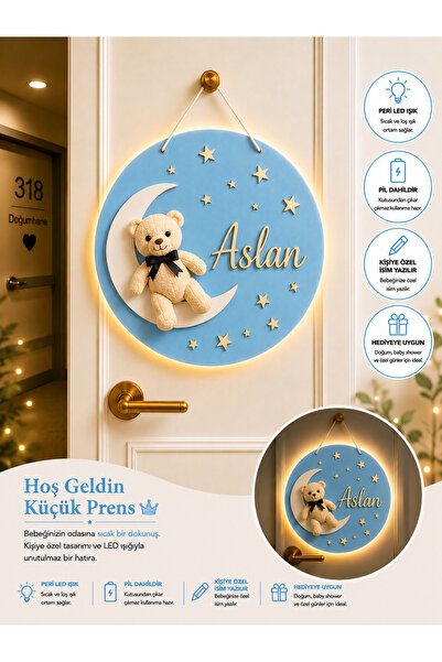 baskigo.com Kişiye Özel LED Işıklı Ayıcıklı Ay Kapı Süsü İsimli Bebek Hastane...