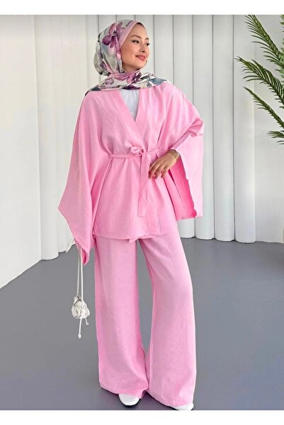 kendii modamm Pink Poplin Set Cotton Poncho Cut Top and Elastic Waist Wide Le...