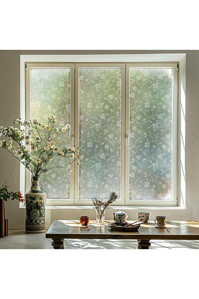 OEM Folie decorativă pentru geam, opacă, cu model de flori, albă 58x200 cm