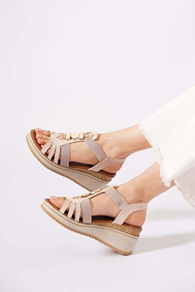 Moda Pie Derlas Front Buckle Elastic Thick Sole Women's Sandals Beige Skin