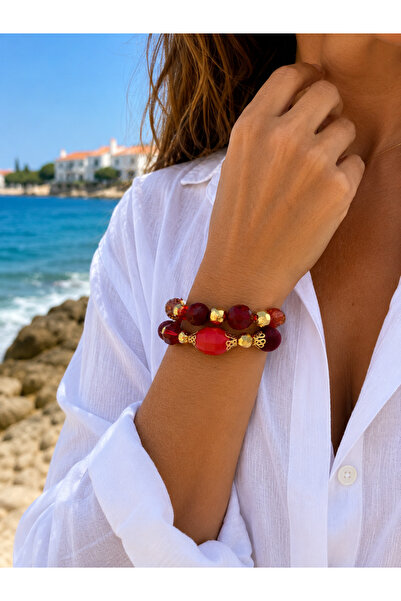 COCOSH TAKI Red Burgundy Gold Beaded Multi-Combination Bracelet
