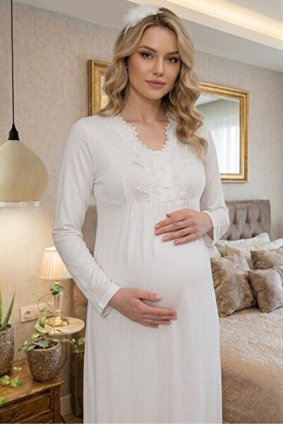 Pelin Women's Long Sleeve Ecru Lace Long Length Maternity Single Nightgown