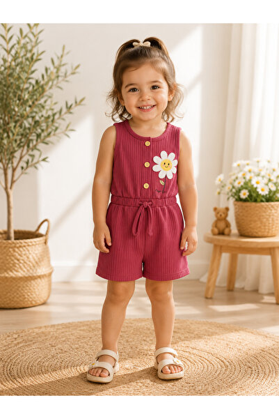 RÜYA KİDS Girl's summer romper with button and daisy detail