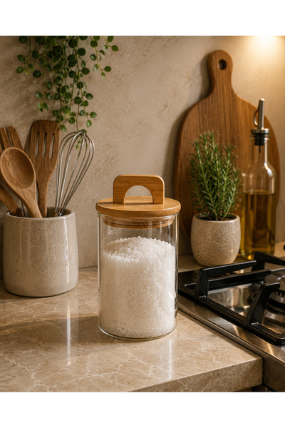 YDGR Bambu Kapaklı Cam Baharatlık Kavanozu | Çay Kahve Şeker ve Baharat Saklama Kavanozu 700 ml