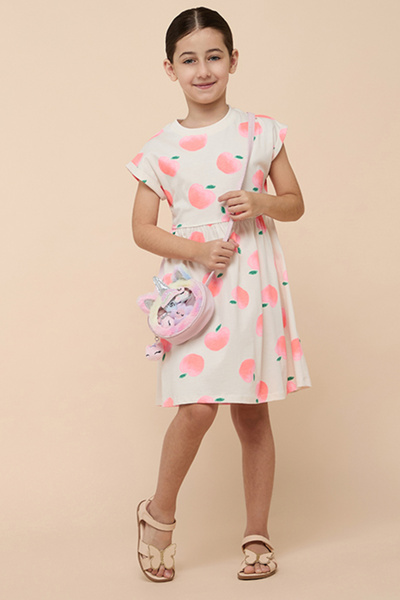 R&B Printed Flared Dress with Crew neck and Short Sleeves