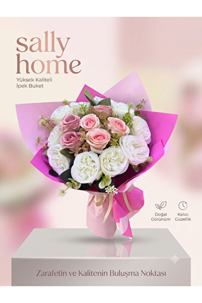 Sally Home Premium Yapay İpek Çiçek Buketi (Pembe & Beyaz) buketi gelin, iste...