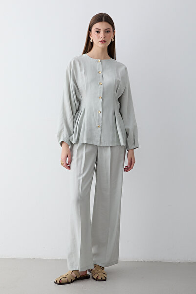 JASTE Women's Belted Button Detailed Blouse & High Waist Palazzo Trousers Set