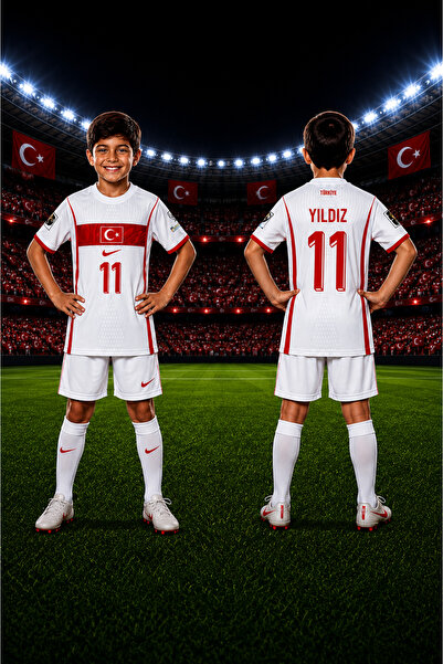 Selvira Kenan Yıldız 11 Numaralı Çocuk Futbol Forması Beyaz Kırmızı Türkiye M...
