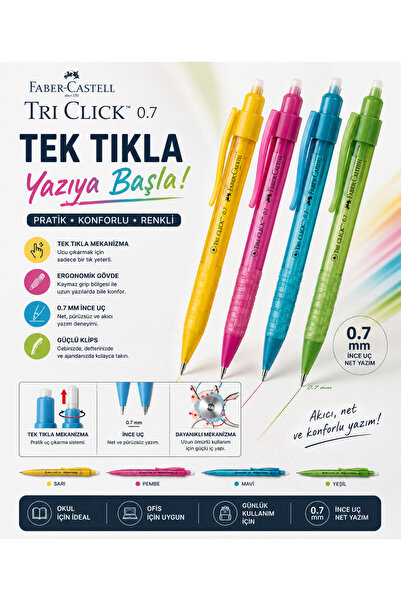 Faber Castell Tri Click 0.7 mm Versatil Kalem Ergonomik Üçgen Gövde Uçlu Kalem