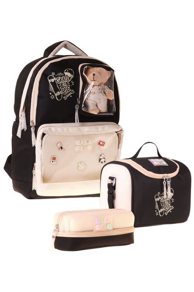 CalaCilo Set de ghiozdane pentru fete, negru - bej, cu imprimeu Black Cream S...