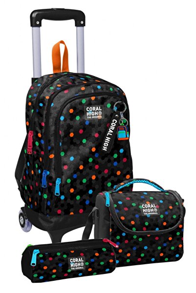 Coral High Three-Wheeled Trolley Primary School Bag Set Black Honeycomb Patte...