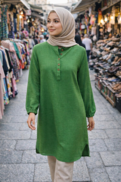 KADO Tunic Thin Summer Fabric Green Five Buttons on the Front Elastic on the ...