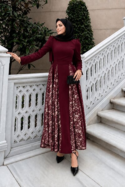 MAG FASHİON فستان دانتيل بورجوندي للحفلات الإسلامية، فستان سهرة دانتيل بقصة ج...