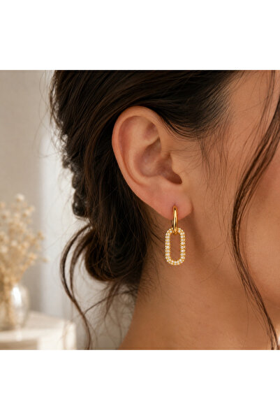 JEWELERY E&B SHINE Zirkon Taşlı Geometrik Gold Renk Sallantılı Küpe Kadın Şık...