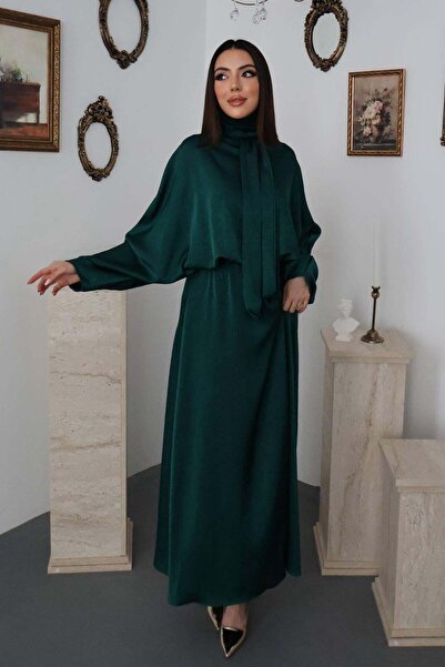Caddebostan Moda Balloon Sleeve Jacquard Satin Dress Bat Sleeve Hijab Clothin...
