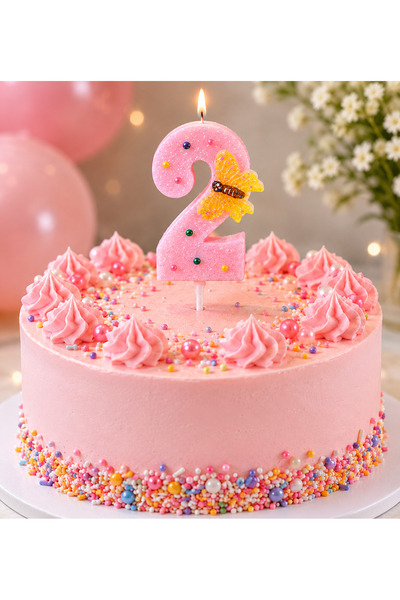 Partifabrik Kelebek Temalı Simli Pembe 2 Yaş Mum