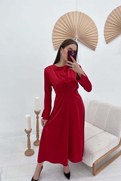 Caddebostan Moda Satin Long Sleeve Detailed Waist-Fitted Stylish Evening Dress