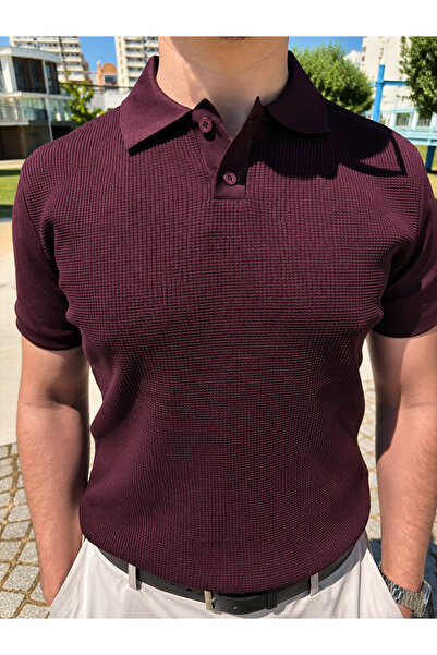 LUVON Burgundy Men's Polo Collar Buttoned Short Sleeve T-Shirt