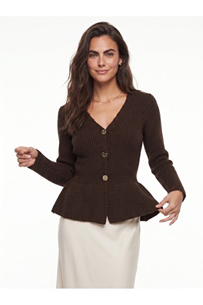 ONLOOX Bitter Brown Corded Knitwear Waist-Fitted Pleated Three-Button V-Neck ...