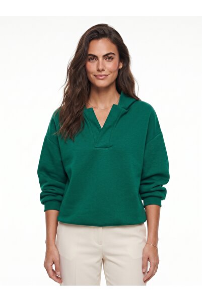 ONLOOX Green Cotton V-Neck Hooded Drop Shoulder Ribbed Detailed Long Sleeve K...