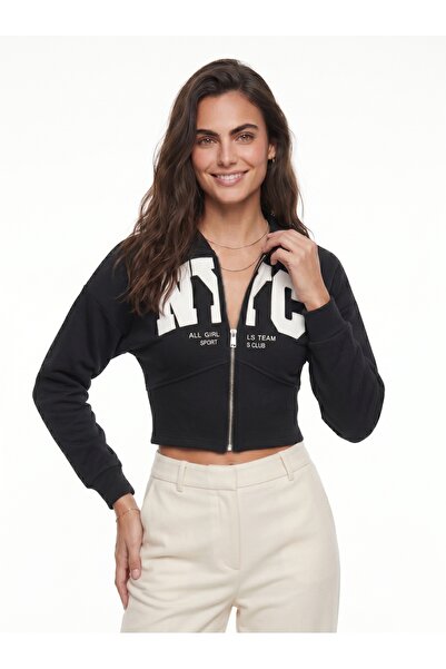 ONLOOX Black Cotton Hooded Crop Form Nyc Embroidered Three Thread Raised Zipp...