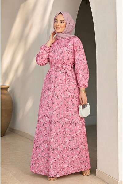 ASTEMİA Women's Floral Patterned Belted Slim Summer Hijab Dress Sb0040