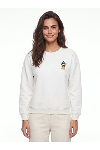 ONLOOX Ecru Cotton Crew Neck Long Sleeve Embroidered Three-Thread Rib Detaile...