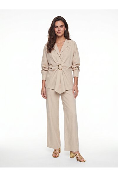 ONLOOX Beige Cotton Shirt Collar Oversize Wide Leg Pants Accessory Detailed B...