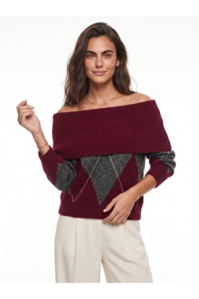 ONLOOX Burgundy Anthracite Knitwear Flexible Textured Madonna Collar Diamond ...