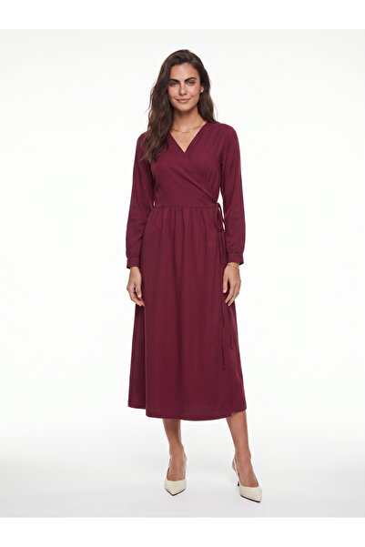 ONLOOX Burgundy Modal Fabric Double-Breasted Long Dress with Gathered Waist a...