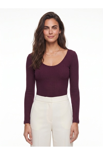 ONLOOX Plum Lycra Stretch Fabric U-Neck Long Sleeve Slim Fit Ribbed Basic Kni...
