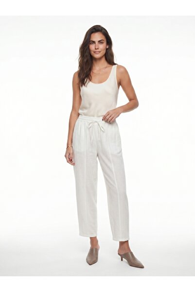 ONLOOX Ecru Reyon Blended Fabric Summer Trousers with Tie Waist and Carrot Cu...