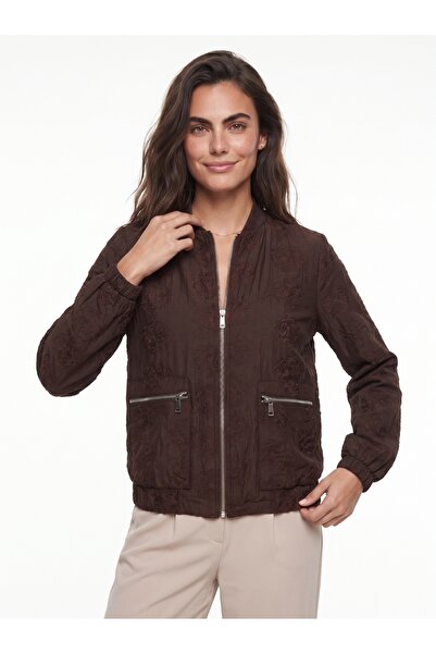 ONLOOX Bitter Brown Embossed Floral Embroidered Crew Neck Comfortable Fit Zip...