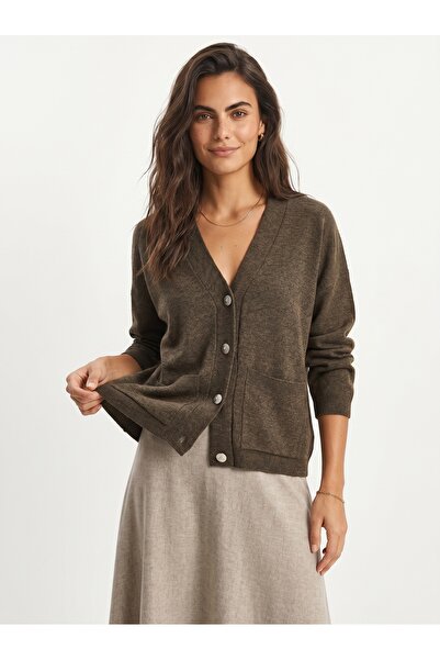 ONLOOX Brown Soft Knitwear Textured V-Neck Long Sleeve Cardigan with Button a...