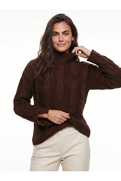 ONLOOX Brown Acrylic Blended Half Turtleneck Hair Knit Patterned Long Sleeve ...