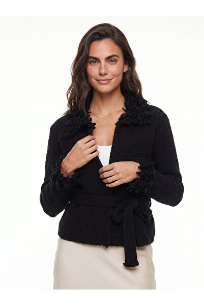 ONLOOX Black Acrylic Blended Flexible Knitwear Cardigan with Tassel Detail on...
