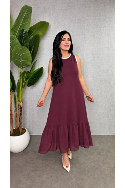 Beruflic Women's Strappy Round Neck Long Viscose Two-Thread Dress with Chiffo...
