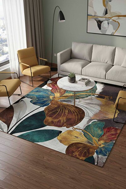 Qatalina Modern Çiçek Desenli Dijital Baskı Kaymaz Taban Yıkanabilir Salon Ko...