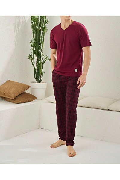 KLY Short Sleeve V-Neck Bottom Plaid Detail Men's Summer Pajama Set