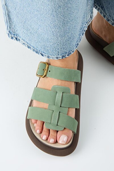 Manijero Borde Women's Genuine Leather Scarf and Buckle Nubuck Green Slippers