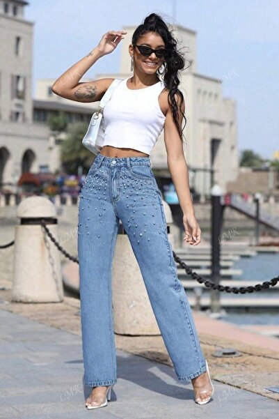 StreetWear Outlet Blugi de damă, croială Mom-Fit, decorați cu diamante, albaștri, L