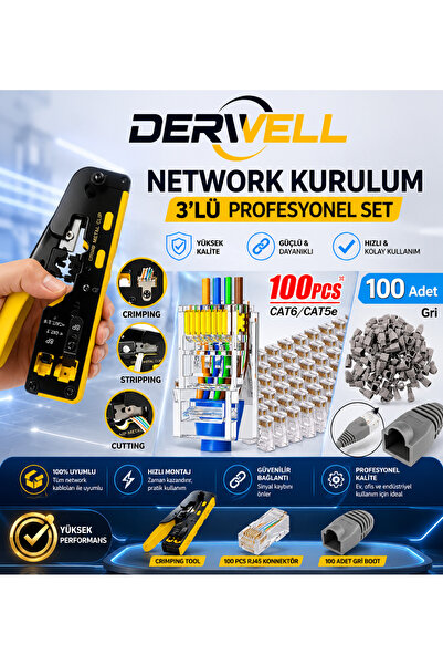 Derwell 3'LÜ Profesyonel Ethernet Kurulum Seti RJ45 Kablo Sıkma Pensesi 100 A...