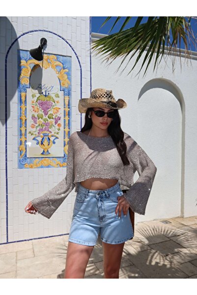 ESRAHELVACI Parlak Taşlı Örme Crop